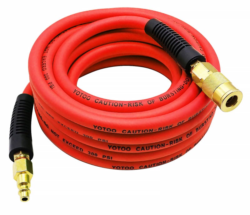 YOTOO Hybrid Air Hose 14Inch by 25Feet 300 PSI Heavy Duty Lightweight Kink Resistant AllWeather Flexibility with 14Inch Industrial Quick Coupler Fittings Bend Restrictors Red - Image 1