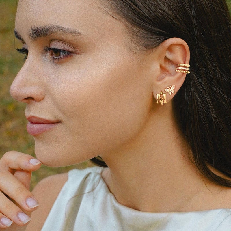 MYEARS Women Initial Earrings Gold Huggie Hoop Sleeper 14K Gold Plated Small Simple Hypoallergenic Everyday Trendy Jewelry Letter C - Image 2