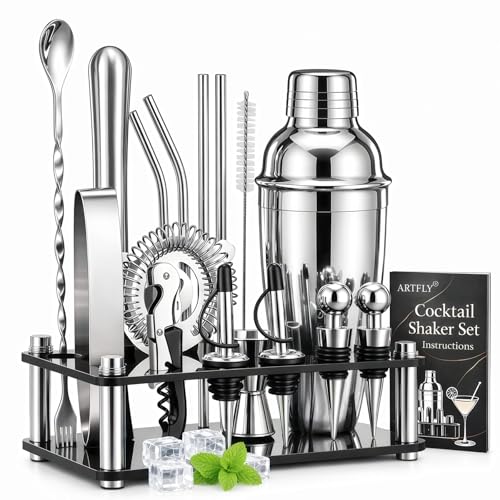 ARTFLY Cocktail Shaker Set 18Piece Bartender Kit with Acrylic Stand 188 Stainless Steel Bar Set with Martini Shaker Jigger Muddler Recipe Book for Home Bar - Image 1