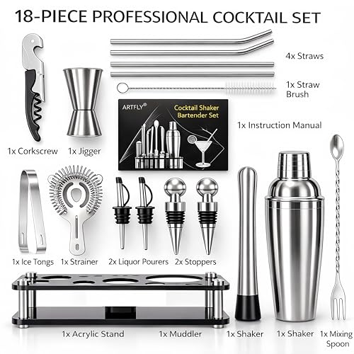 ARTFLY Cocktail Shaker Set 18Piece Bartender Kit with Acrylic Stand 188 Stainless Steel Bar Set with Martini Shaker Jigger Muddler Recipe Book for Home Bar - Image 3