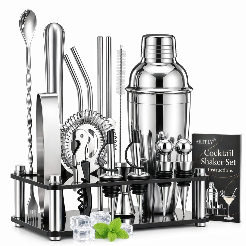 ARTFLY Cocktail Shaker Set 18Piece Bartender Kit with Acrylic Stand 188 Stainless Steel Bar Set with Martini Shaker Jigger Muddler Recipe Book for Home Bar - Image 2