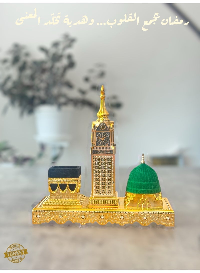 OLUDENIZ Luxury Islamic Monument Set – Kaaba, Madinah Green Dome & Makkah Clock Tower Decorative Model in Gold Finish - Image 3