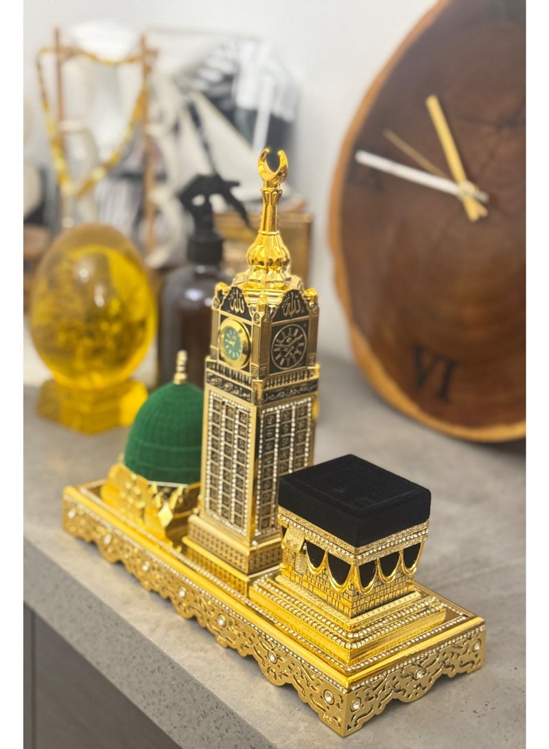 OLUDENIZ Luxury Islamic Monument Set – Kaaba, Madinah Green Dome & Makkah Clock Tower Decorative Model in Gold Finish - Image 4