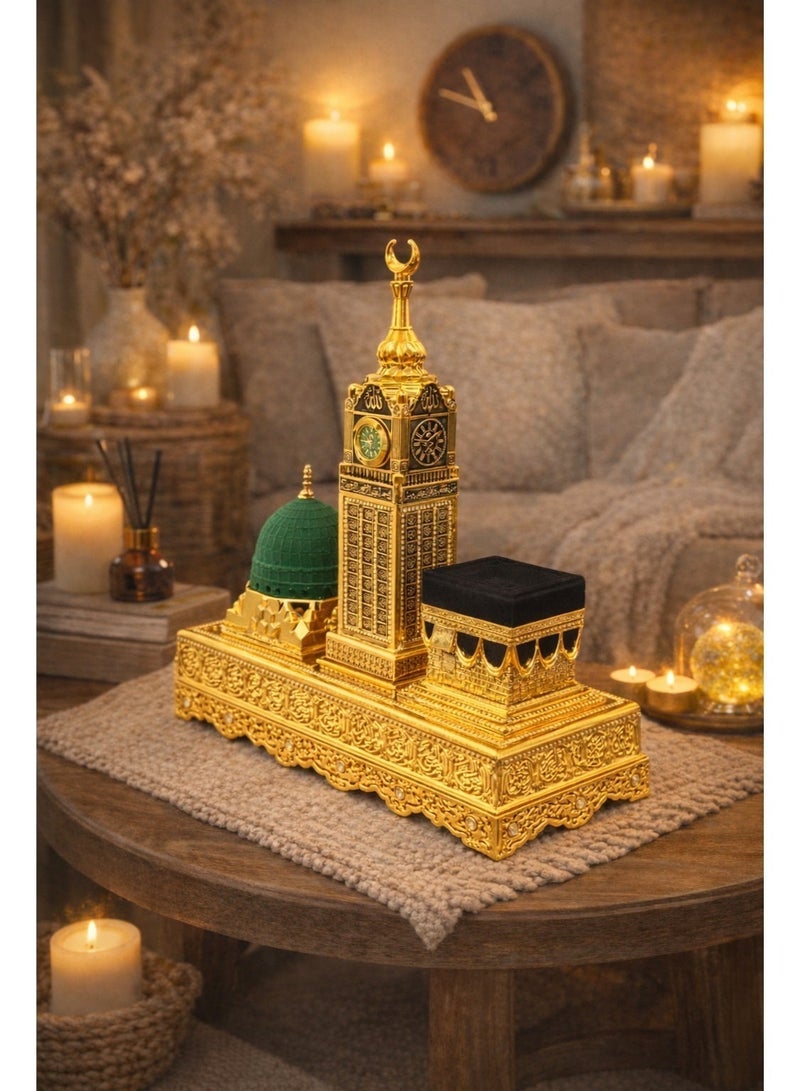 OLUDENIZ Luxury Islamic Monument Set – Kaaba, Madinah Green Dome & Makkah Clock Tower Decorative Model in Gold Finish - Image 1