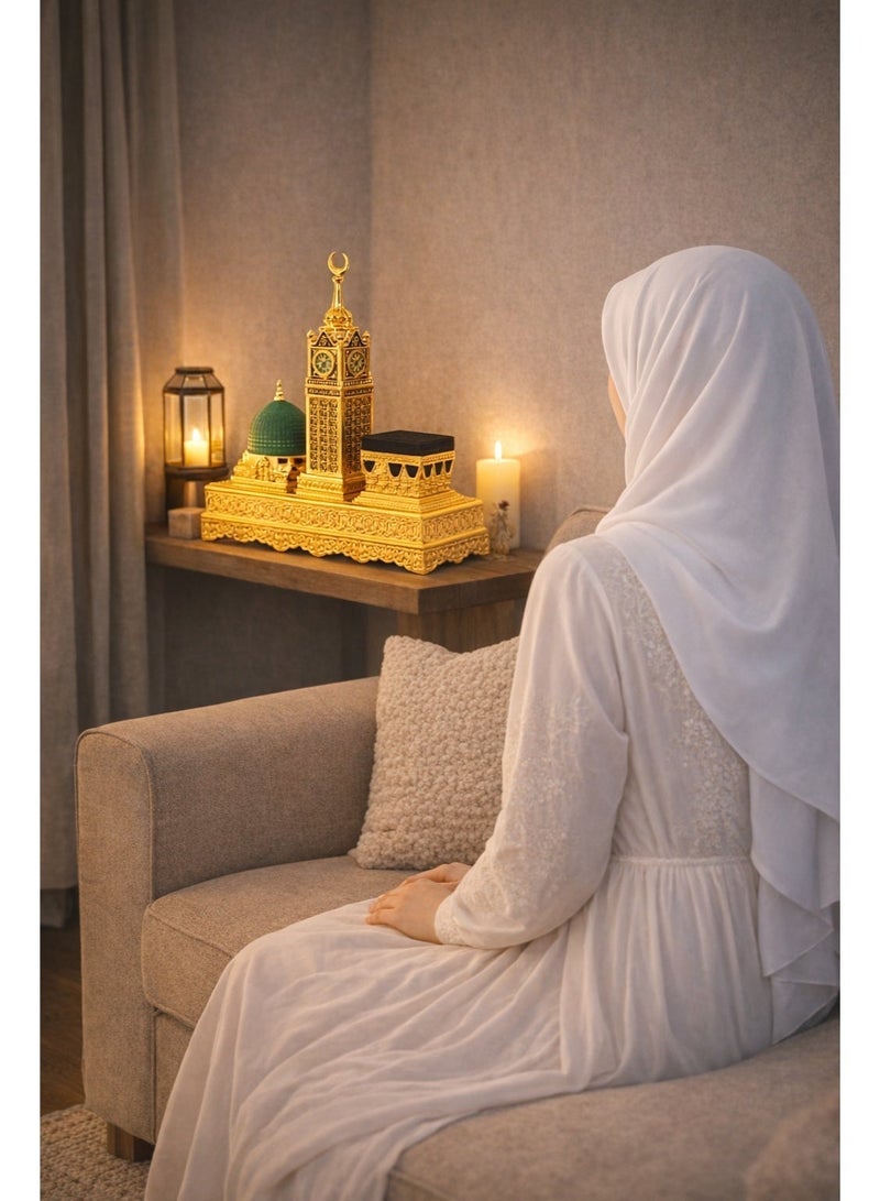 OLUDENIZ Luxury Islamic Monument Set – Kaaba, Madinah Green Dome & Makkah Clock Tower Decorative Model in Gold Finish - Image 2
