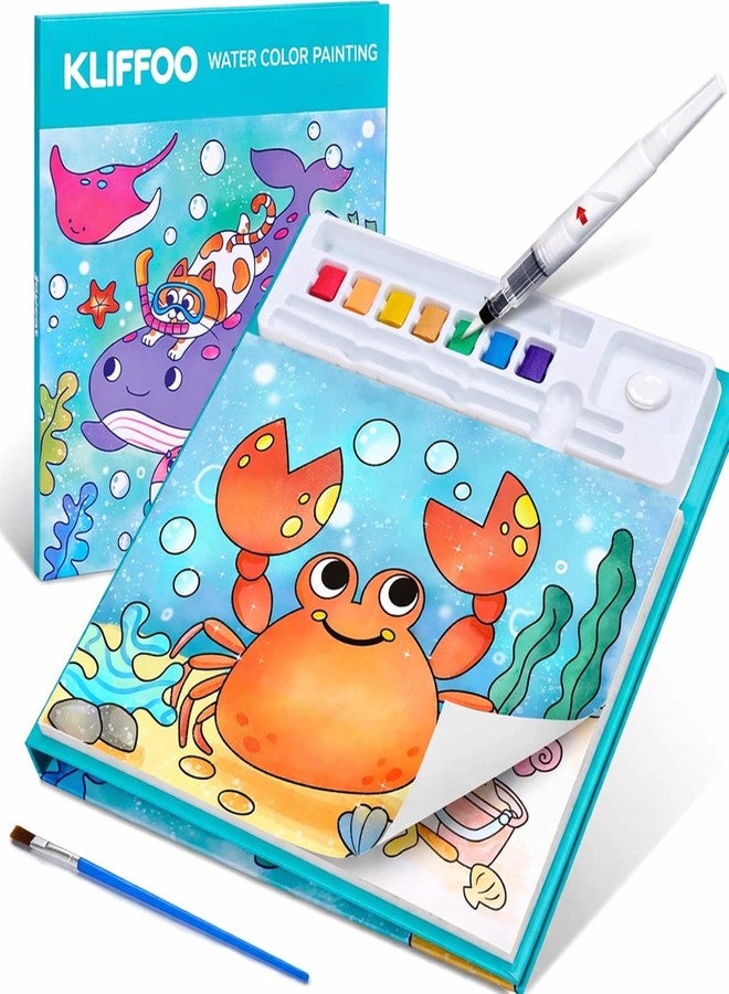KLIFFOO Watercolor Painting Book for Kids, Coloring Notebook with Water Colorws and Brush, Creative Cartoon Coloring Books, Dip Water to Paint Painting Set for Kids, Boys, Girls, Childrens (Ocean World) - Image 1