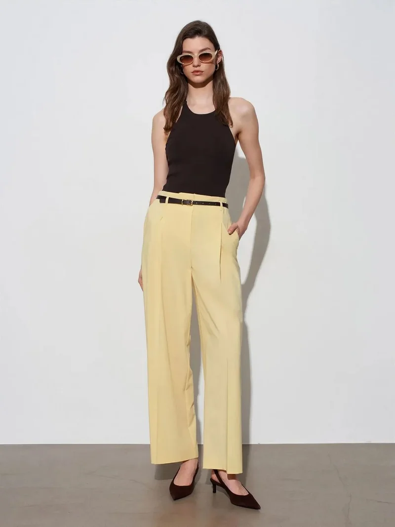 ديلفين Dilvin Women's Belted Wide-leg Crepe Trousers