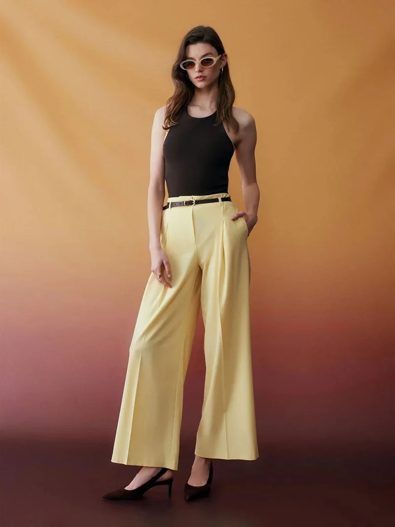 ديلفين Dilvin Women's Belted Wide-leg Crepe Trousers