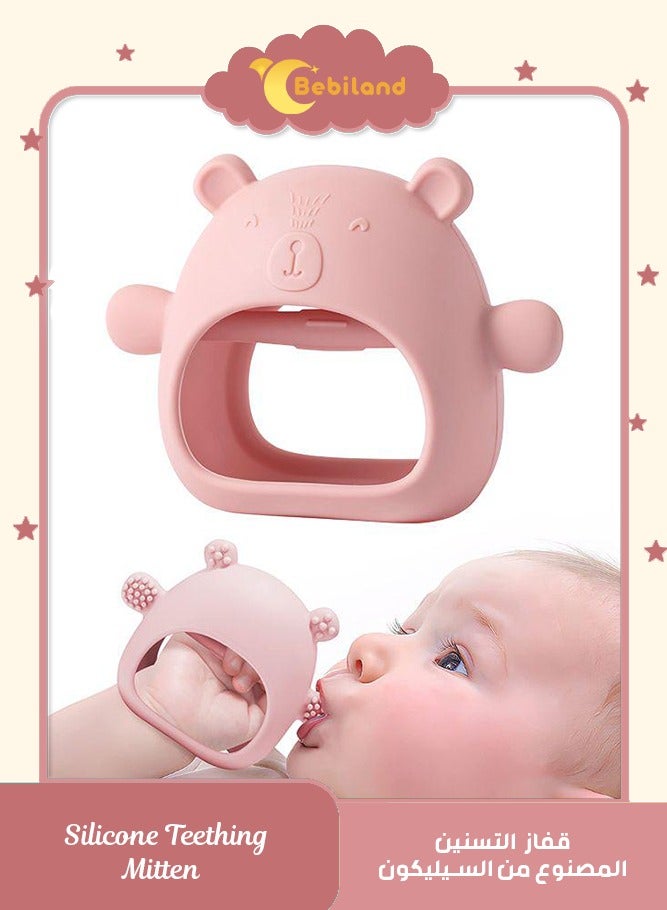 Bebiland Silicone Teething Mitten with Cute Bear Shape, BPA-Free and Anti-Drop Teether Toy for Baby Soothing Teething Pain Relief, Pink - Image 1