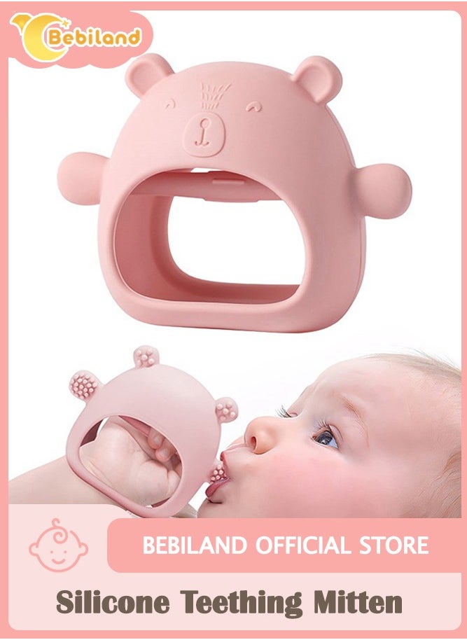 Bebiland Silicone Teething Mitten with Cute Bear Shape, BPA-Free and Anti-Drop Teether Toy for Baby Soothing Teething Pain Relief, Pink  - Image 1