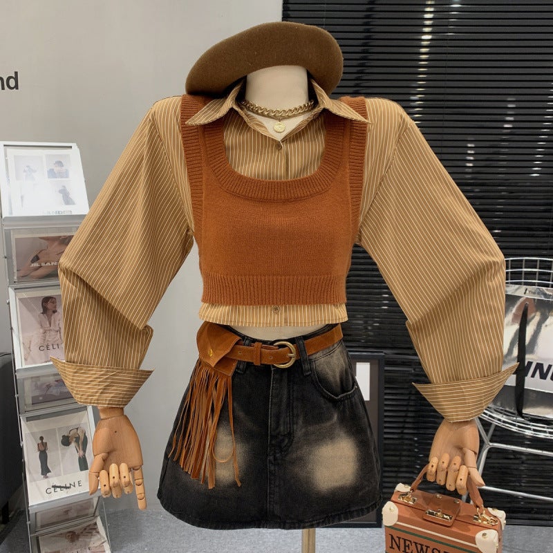 Autumn Knit Vest Stripe Shirt Womens Casual Two-Piece Set Caramel color two-piece set [shirt + vest]
