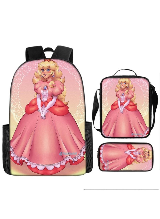 3 Pcs Princess Peach School Bag Satchel Pencil Case Animated Game Super Mario Gifts For Kids Birthday Gift Start Of School Gift - Image 1