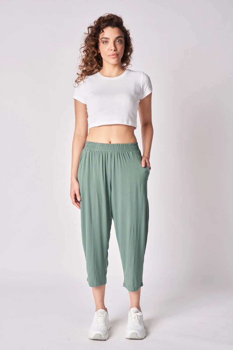 Defy's Women's Elastic Waist Stitch Detailed Shalwar Pants Khaki  - Image 1