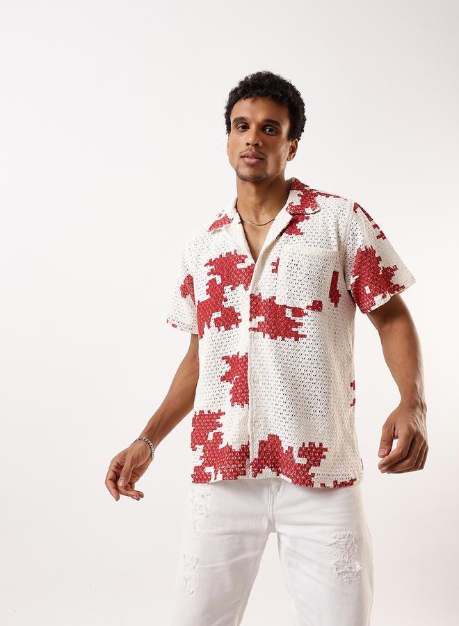 Hubberholme Men's Red 100% Cotton Textured Button Down Oversized Shirt  - Image 4