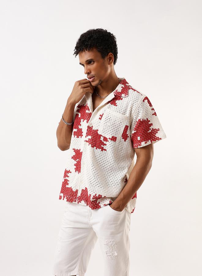 Hubberholme Men's Red 100% Cotton Textured Button Down Oversized Shirt  - Image 5