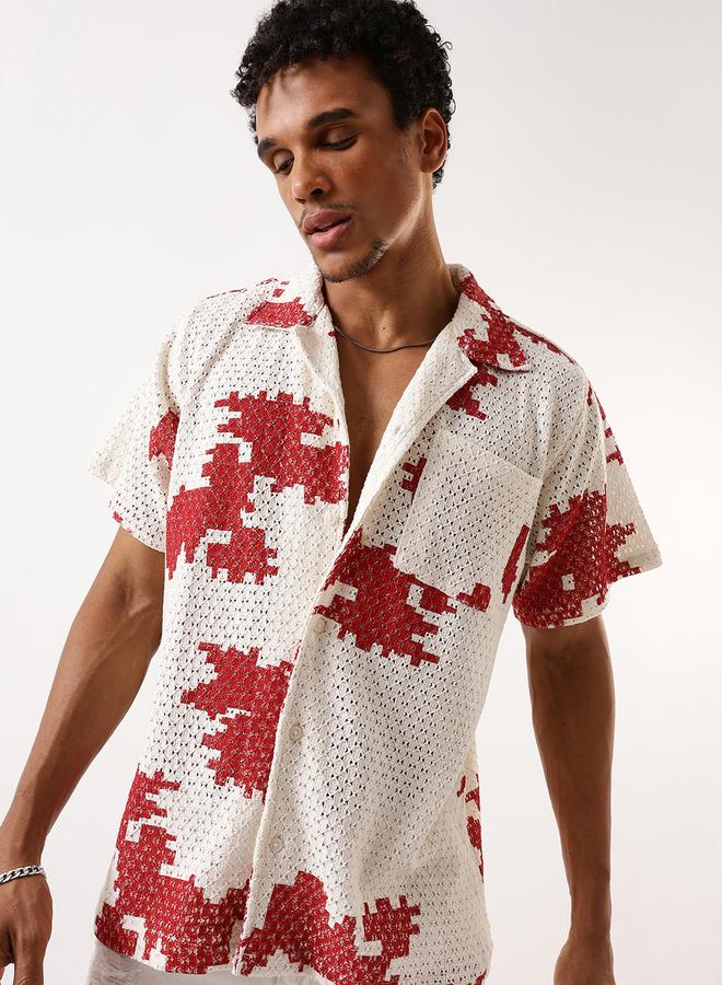 Hubberholme Men's Red 100% Cotton Textured Button Down Oversized Shirt  - Image 1