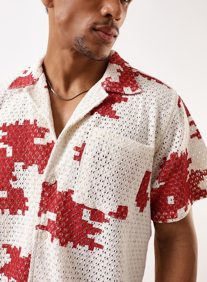 Hubberholme Men's Red 100% Cotton Textured Button Down Oversized Shirt  - Image 3
