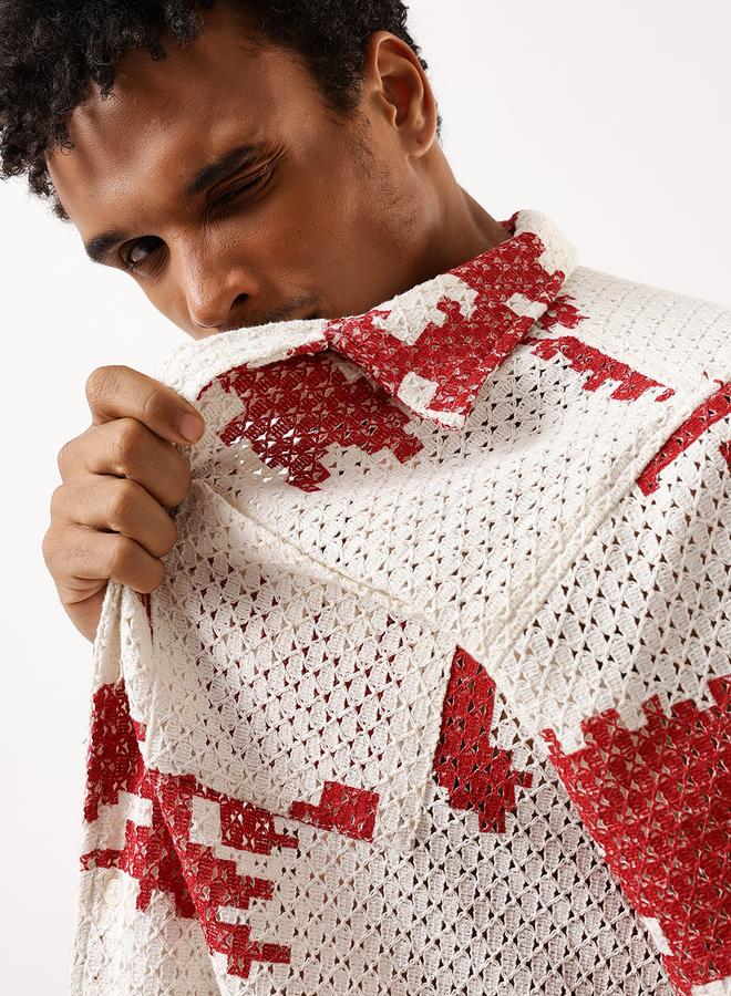 Hubberholme Men's Red 100% Cotton Textured Button Down Oversized Shirt  - Image 2