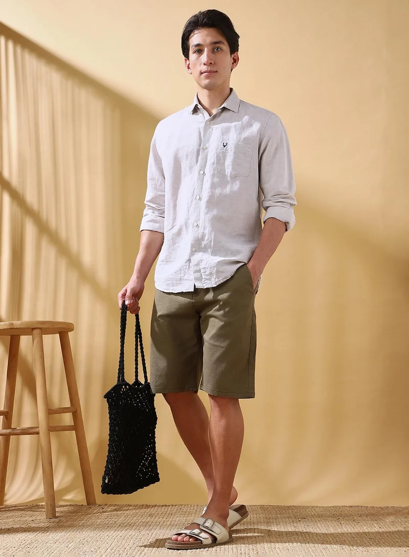 Dennis Lingo Men's Olive Cotton Slub Solid Knee Length Chinos Regular Fit Shorts