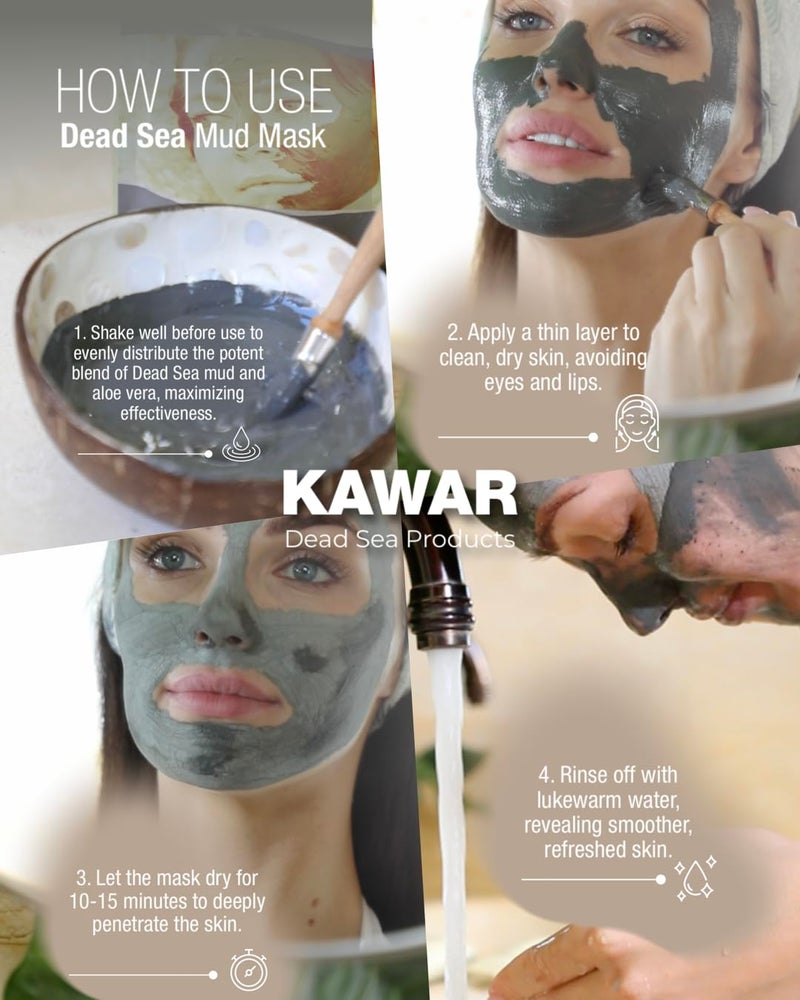 KAWAR Dead Sea Mud Mask with Aloe Vera for Face and Body - Spa Quality Pore Reducer for Acne, Blackheads & Oily Skin, Natural Vegan Skincare for Women, Men - Tightens & Exfoliate - 8.8 oz - Image 3