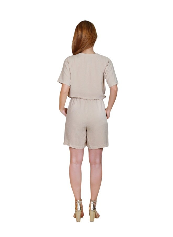 Veronica Women's Crop Top and Shorts Co-ord Set- Beige  - Image 2