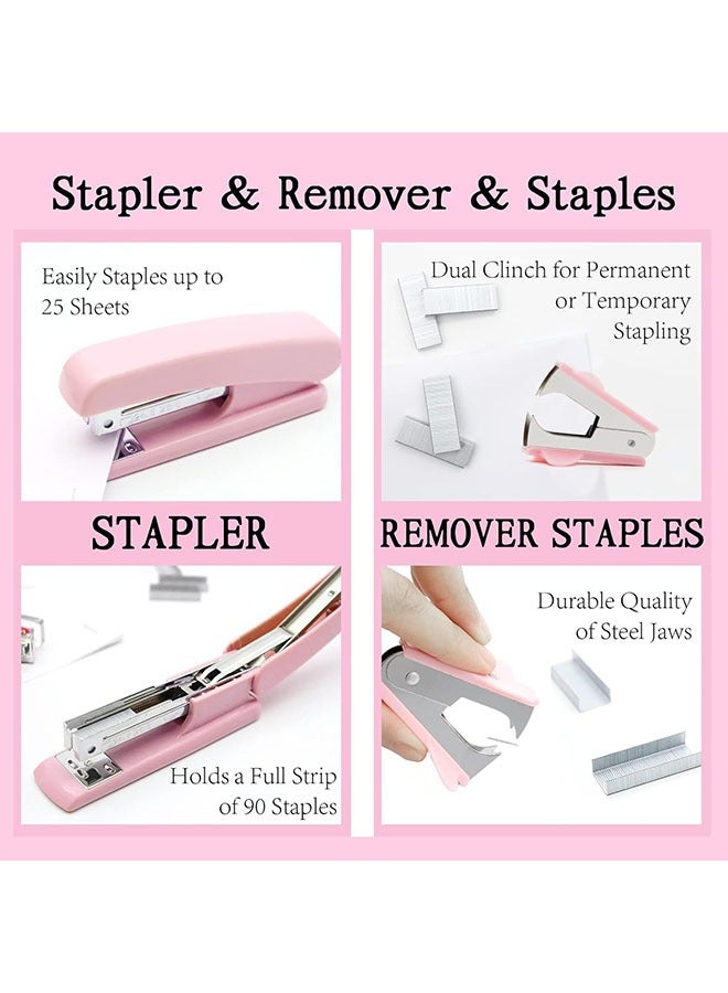 Arabest Pink Office Supplies, Pink Desk Accessories, Stapler and Tape Dispenser Set for Women with Stapler, Tape Dispenser, Staple Remover, Staples, Clips, Scissor and Tabs,Gift for Students, Coworkers  - Image 4
