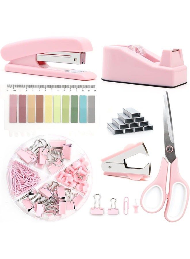 Arabest Pink Office Supplies, Pink Desk Accessories, Stapler and Tape Dispenser Set for Women with Stapler, Tape Dispenser, Staple Remover, Staples, Clips, Scissor and Tabs,Gift for Students, Coworkers  - Image 1