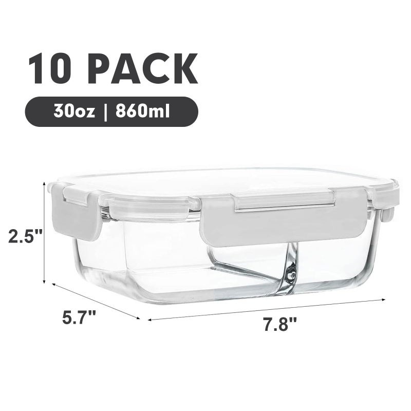 M MCIRCO [10-Pack,30 Oz Glass Meal Prep Containers 2 Compartments Airtight Lunch Bento Boxes with Lids, Glass Food Storage Containers, Microwave, Oven, Freezer and Dishwasher, White - Image 2