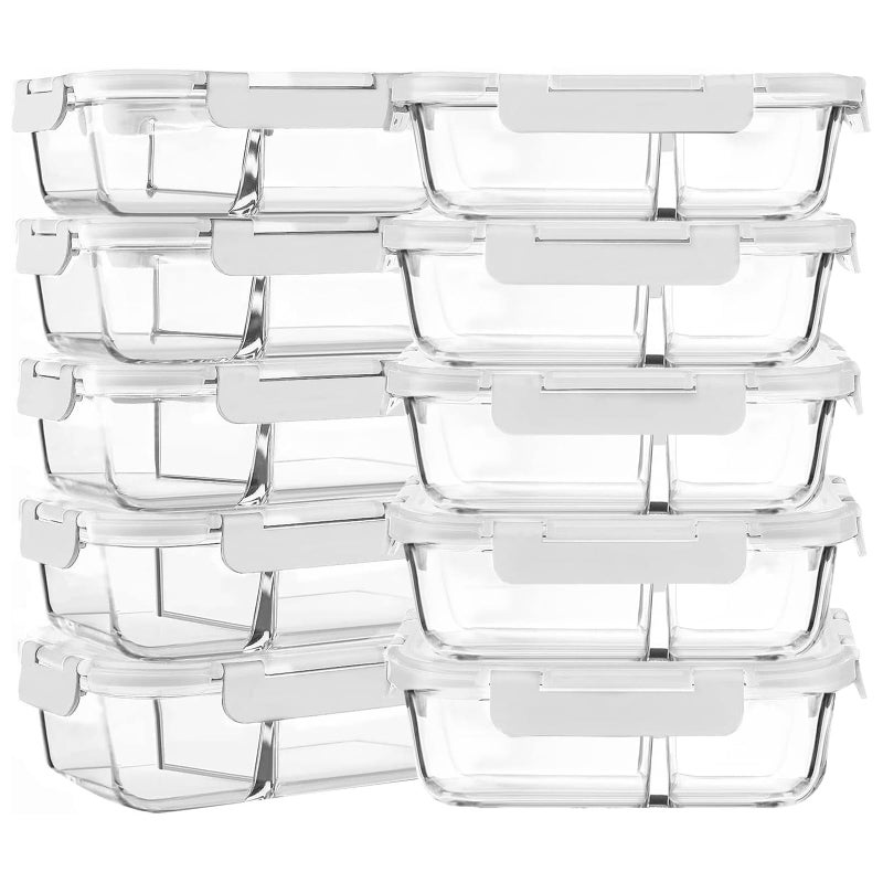 M MCIRCO [10-Pack,30 Oz Glass Meal Prep Containers 2 Compartments Airtight Lunch Bento Boxes with Lids, Glass Food Storage Containers, Microwave, Oven, Freezer and Dishwasher, White - Image 1