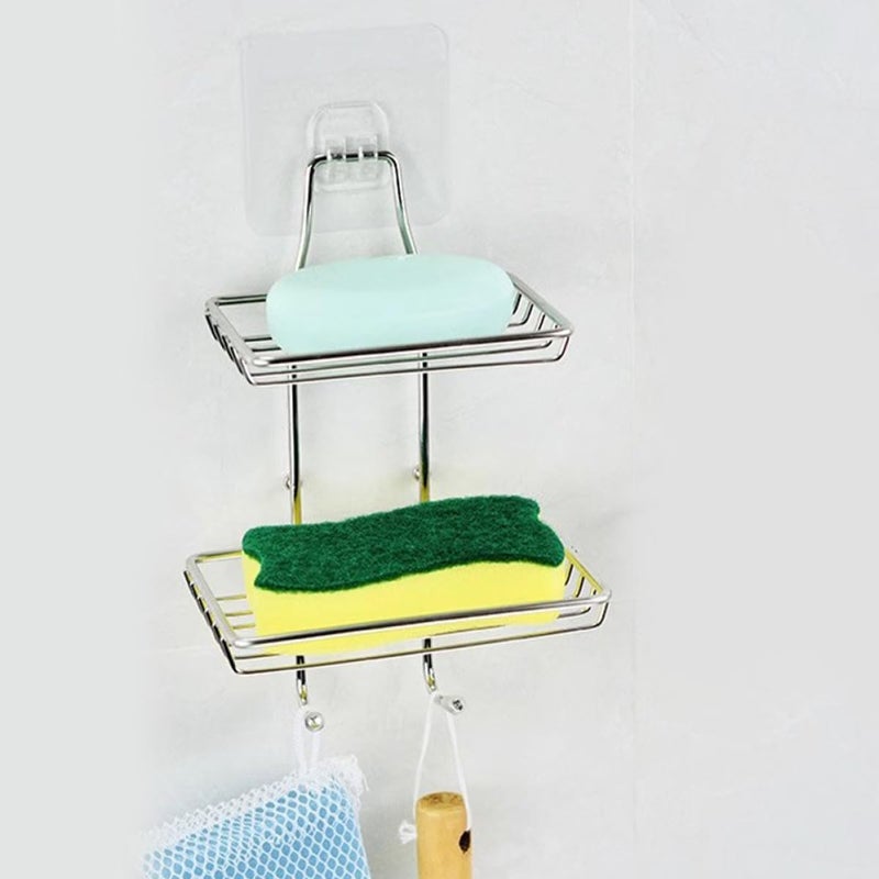 2pcs Stainless Steel Soap Dish with Drain Double-Layer Wall-Mounted Adhesive Soap Holder and Kitchen Sponge Storage Rack for Bathroom and Shower Organization - Image 5