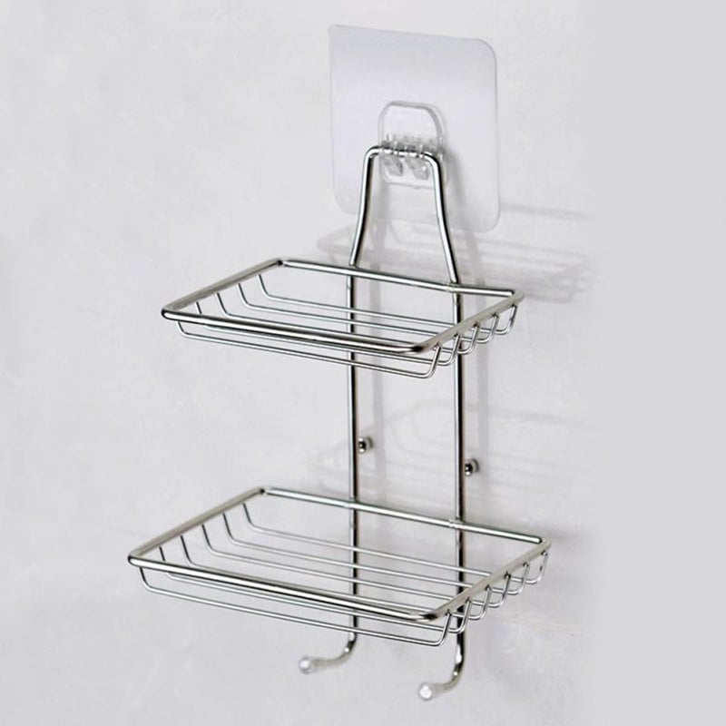 2pcs Stainless Steel Soap Dish with Drain Double-Layer Wall-Mounted Adhesive Soap Holder and Kitchen Sponge Storage Rack for Bathroom and Shower Organization - Image 4