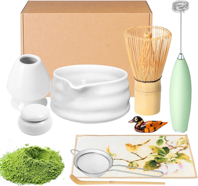 ELIMTEC Matcha Whisk Set and Bowl, Matcha Making Kit Whisk, Bowl With Spout, Powder Starter Sifter, Ceramic Whisk Holder, Spoon Japanese Tea Tools For Ceremony Gift (White, 9 Pack) - Image 1