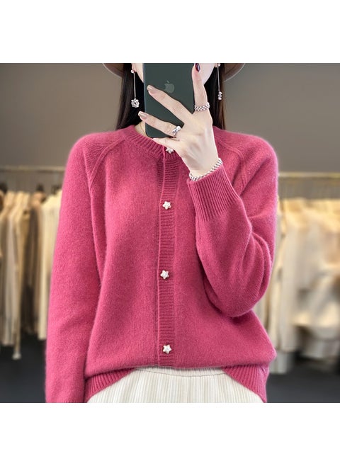 Wool Blended 2024 Autumn and Winter New Round Neck Short Solid Color Thickened Raglan Sleeve Star Button Knitted Cardigan Sweater Raspberry color