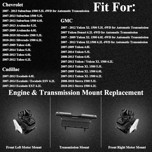 Quivimoro 3PCS Engine Motor & Trans Mount Set for Chevy GMC Cadillac 2007-2013 Silverado Sierra 1500 Suburban 1500 Tahoe Yukon Yukon Denali Replace# A2638 A5365 A5365 - Image 2