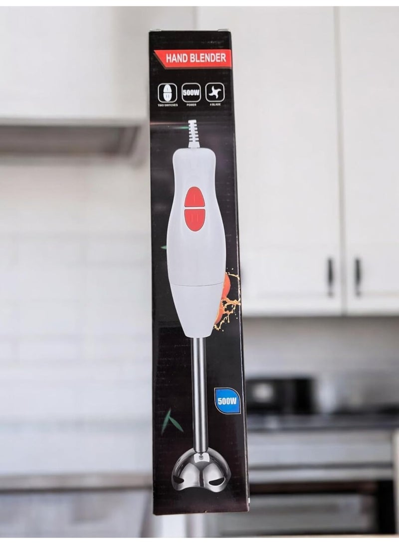 Professional Hand Blender, 500W High Power, 4-Blade System with 2 Speed Settings, Sleek White Design - Image 3