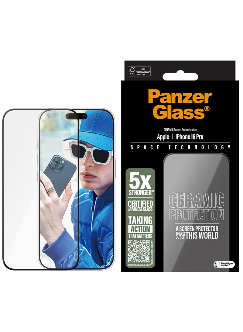 PanzerGlass حماية شاشة سيراميك PanzerGlass® لجهاز Apple iPhone 16 Pro، EasyAligner، زجاج سيراميك ياباني بقوة 5X، مقاومة عالية للخدوش، مقاومة للصدمات - Image 1