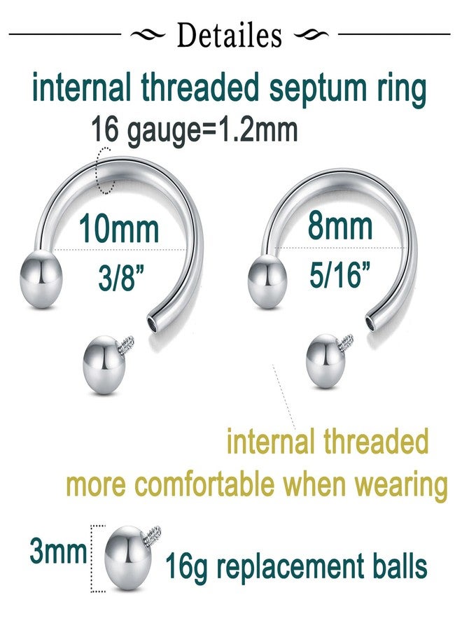 Longita Internally Threaded Septum Ring Silver Black Gold Septum Rings 16G Septum Piercing Surgical Steel Septum Jewelry Septum Nose Rings 16 Gauge Small Septum Ring Horseshoe with Replacement Balls - Image 2