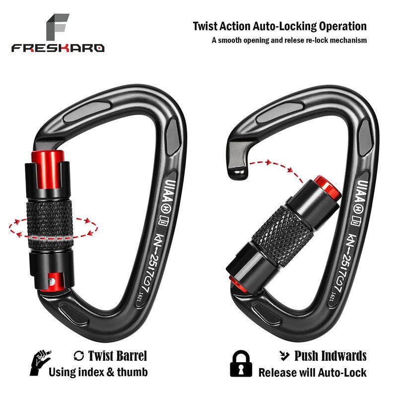 FresKaro 25kN Climbing Carabiners Double Locking Carabiner Clips, Heavy Duty Carabiner for Rock Climbing, Rappelling, Hunting, or Survival Gear kit, Gym Equipment, Cerfified UIAA Carabiner Black - Image 2