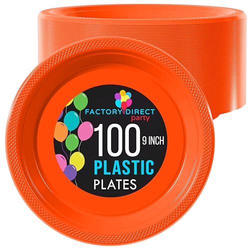 Exquisite Party Solids Orange Plastic Plates For Party 9 Orange Disposable Plates Heavy Duty Supplies 100 Pcs Plastic Dinnerware Sets Heavy Duty 350 GSM Disposable Dinnerware Set