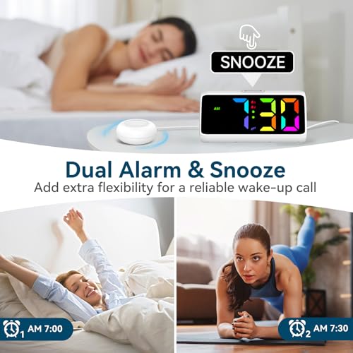 Netzu Loud Alarm Clock for Heavy Sleepers, Plug-in RGB Vibrating Alarm Clocks with Bed Shaker, 5 Dimmers, 2 Alarms and Snooze for Bedrooms Hearing Impaired Deaf Adults (White) - Image 5