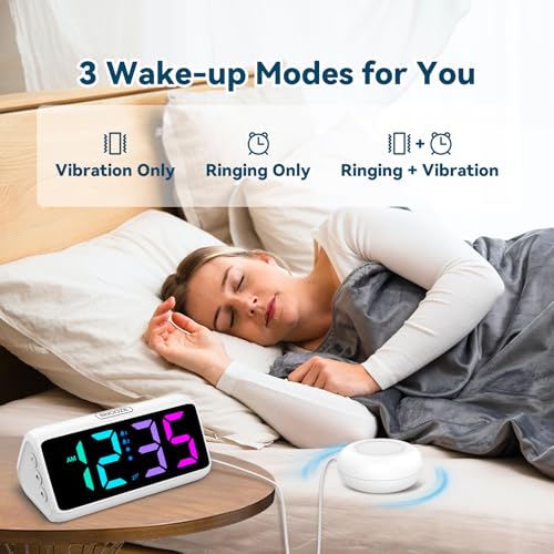 Netzu Loud Alarm Clock for Heavy Sleepers, Plug-in RGB Vibrating Alarm Clocks with Bed Shaker, 5 Dimmers, 2 Alarms and Snooze for Bedrooms Hearing Impaired Deaf Adults (White) - Image 3