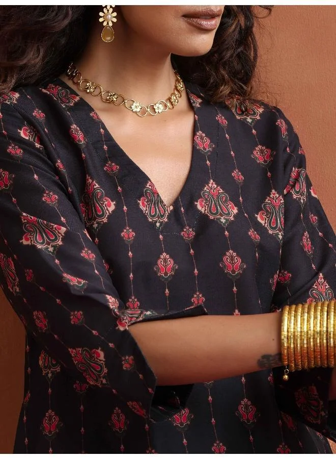 trueBrowns Black Print Kurta Co-ord Set