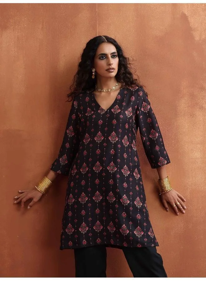 trueBrowns Black Print Kurta Co-ord Set