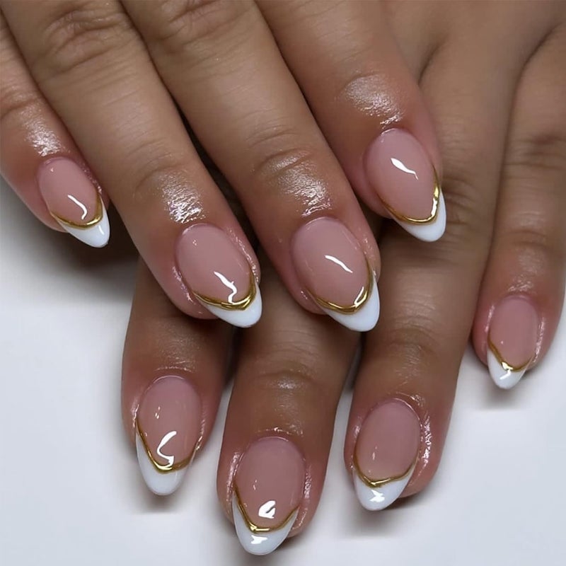 LRKNNO Almond Press on Nails Short White French Tip Fake Nails with Chrome Gold Line Designs Glossy Full Cover Glue on Nails Almond Shape Acrylic Nails French False Nails for Women Girls Manicure 24Pcs - Image 1