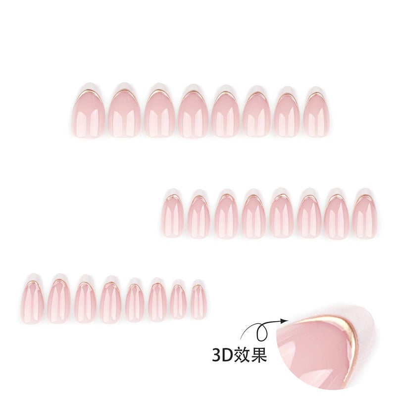LRKNNO Almond Press on Nails Short White French Tip Fake Nails with Chrome Gold Line Designs Glossy Full Cover Glue on Nails Almond Shape Acrylic Nails French False Nails for Women Girls Manicure 24Pcs - Image 3