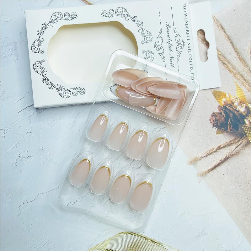 LRKNNO Almond Press on Nails Short White French Tip Fake Nails with Chrome Gold Line Designs Glossy Full Cover Glue on Nails Almond Shape Acrylic Nails French False Nails for Women Girls Manicure 24Pcs - Image 5