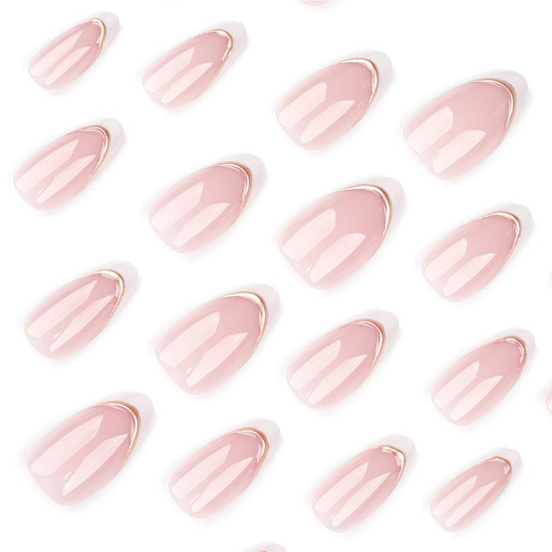 LRKNNO Almond Press on Nails Short White French Tip Fake Nails with Chrome Gold Line Designs Glossy Full Cover Glue on Nails Almond Shape Acrylic Nails French False Nails for Women Girls Manicure 24Pcs - Image 2