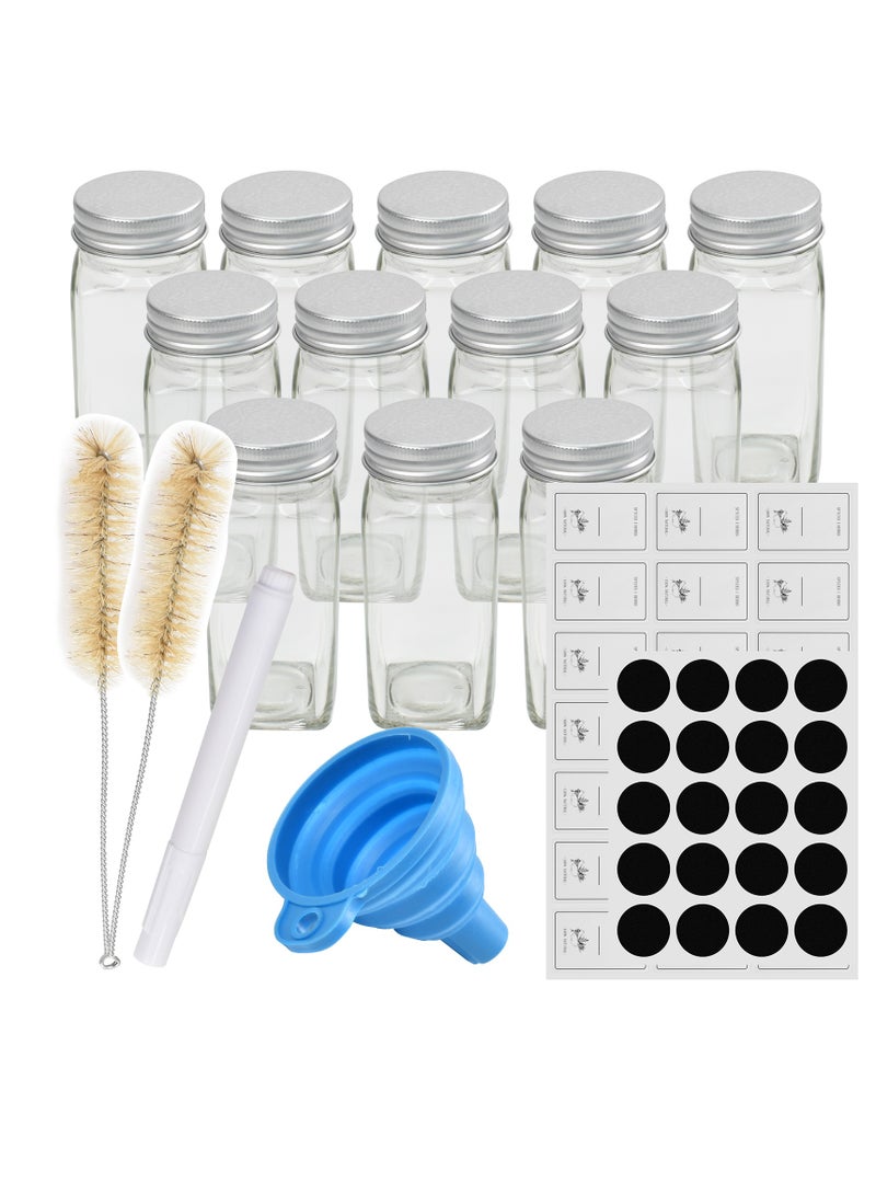 12 Piece Square Spice Jars Set, Glass Spice Jars 120ml, Spice Shaker,Spice Container Spice Storage with Shaker Insert, Labels, Funnel, Brush - Image 1