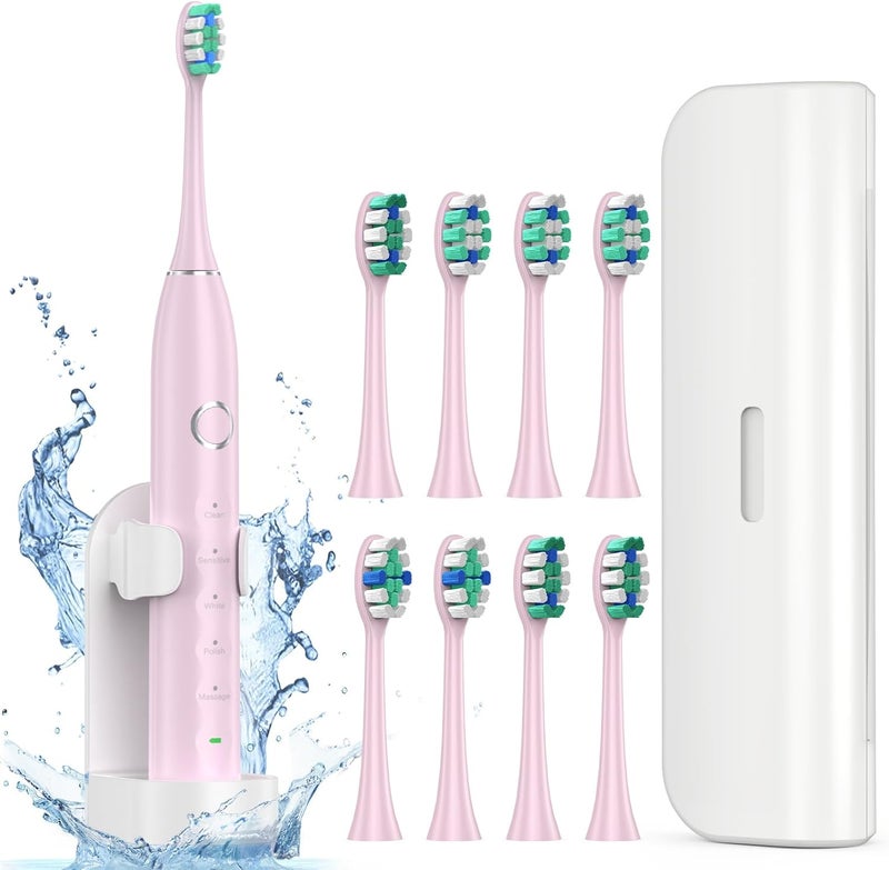 Fronix Electric Toothbrush for Adults with 8 Brush Heads, Sonic Toothbrush Rechargeable with a Holder & Travel Case, 2.5 Hours Charge for 120 Days Use - Pink - Image 1