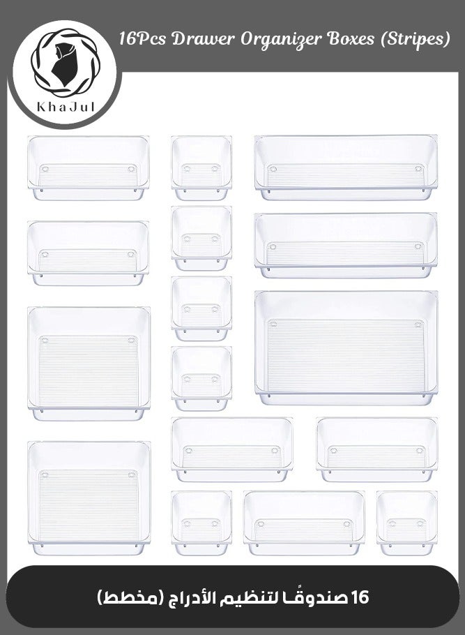 16 قطعة مجموعة منظّمات درج منزلية بمواصفات الهلال بنقش مخطط، صناديق تخزين بلاستيكية شفافة بخمسة مقاسات لإكسسوارات العباءة وهدايا العيد وتنظيم المنزل السعودي - Image 1